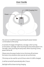 Load image into Gallery viewer, &quot;It consists of 3 stages of brightness. 1st stage- when turning on the power. 2nd stage - when touching the lamp while power is on. 3rd stage - when touching the lamp twice. When touching 3 times, power will be off. Please press the power button to turn the lamp off and store the lamp in dry condition when you do not use the lamp. This lamp can be used for up to 10 hours when it&#39;s 100% charged. It will be turned off automatically after 2 hours. Red light will be shown during charging.&quot;