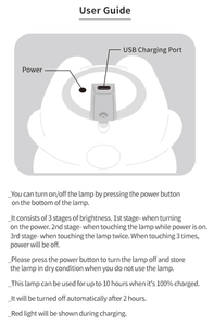 "It consists of 3 stages of brightness. 1st stage- when turning on the power. 2nd stage - when touching the lamp while power is on. 3rd stage - when touching the lamp twice. When touching 3 times, power will be off. Please press the power button to turn the lamp off and store the lamp in dry condition when you do not use the lamp. This lamp can be used for up to 10 hours when it's 100% charged. It will be turned off automatically after 2 hours. Red light will be shown during charging."