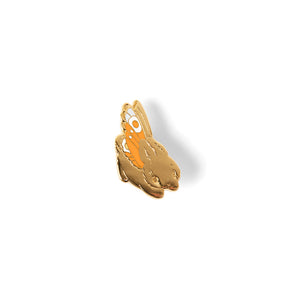 Front view of gold plated Frith the Bunnerfly enamel pin on white background.