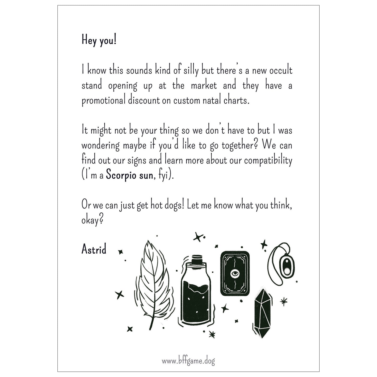Mockup of a letter signed "Astrid" with stylized black and white drawings of a feather, a potion, a tarot card, an amulet, and a crystal, surrounded by sparkles. White background.