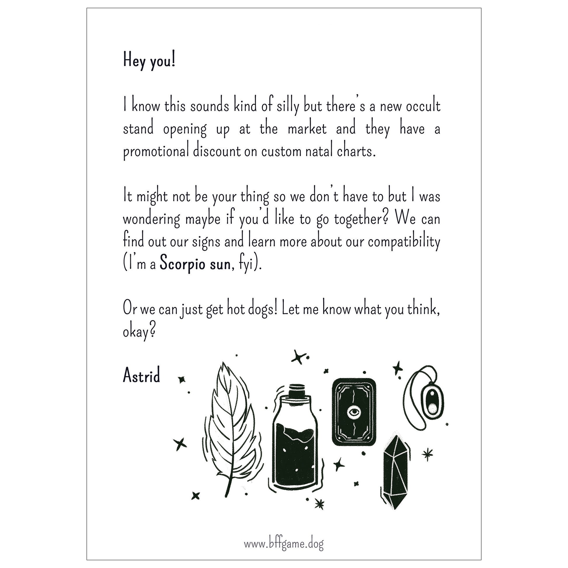 Mockup of a letter signed "Astrid" with stylized black and white drawings of a feather, a potion, a tarot card, an amulet, and a crystal, surrounded by sparkles. White background.