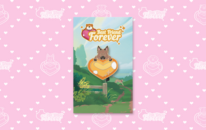 Orange heart-shaped enamel pins with brown mutt peeking over it. Backing card has Best Friends Forever logo and country pathway beside a lake. On pink background with white hearts pattern.