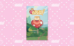 Red, heart-shaped enamel pin with shiba inu peeking over it. Backing card has Best Friends Forever logo and country pathway beside a lake. On pink background with white hearts pattern.