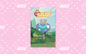 Blue heart-shaped enamel pin with staffordshire bull terrier peeking over it. Backing card has Best Friends Forever logo and country pathway beside a lake. On pink background with white hearts pattern.