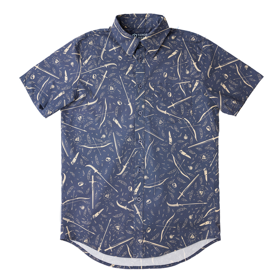 Steel blue short-sleeve button up with cream colored weapons, magical items, and feathers pattern.