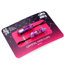 Load image into Gallery viewer, Set of 2 purple crystals on black pins on backing card white background.