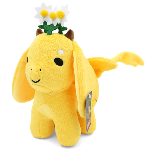 Standing, gently smiling yellow Chamomile dragon plush with white chamomile flowers sprouting from its head.