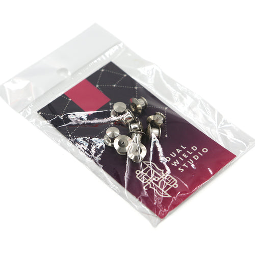 Silver deluxe locking clasps bundled in a small, clear plastic bag with Dual Wield Studio backing card.