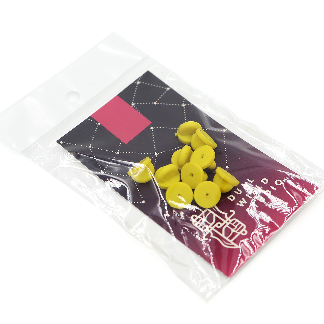 Yellow rubber  pin clasps bundled in a small, clear plastic bag with a Dual Wield Studio backing card.