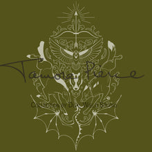 Load image into Gallery viewer, Closeup of the Daine Heraldry T-Shirt design on olive green.