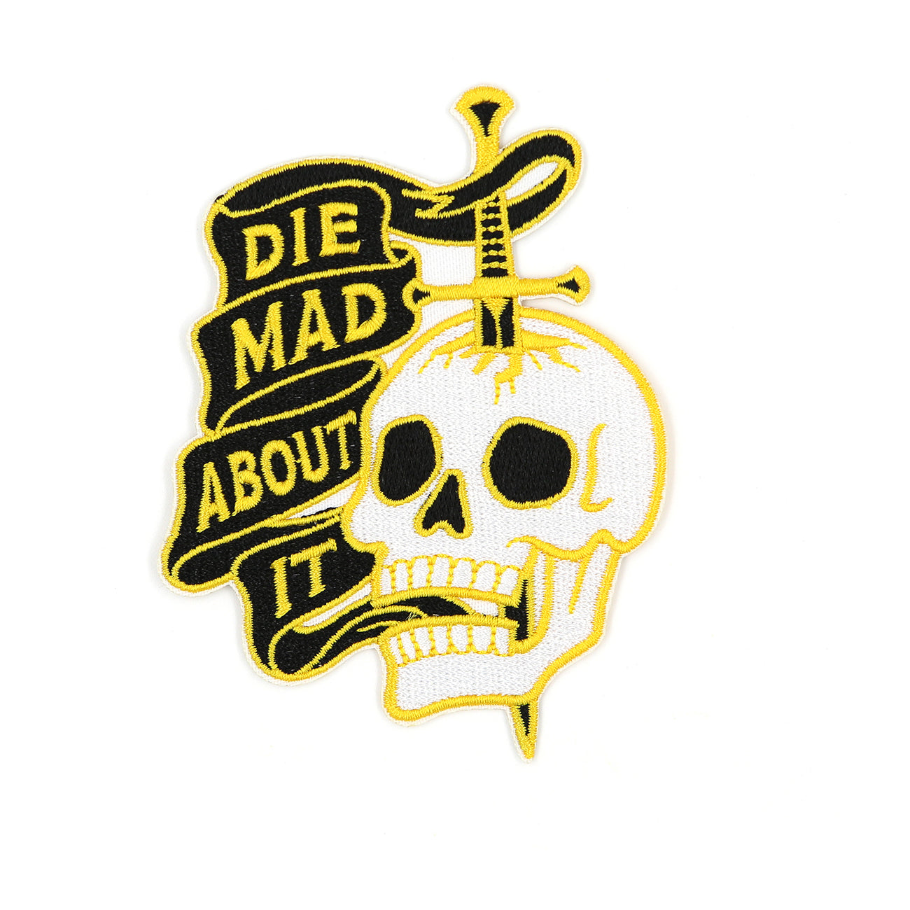 Front view of Die Mad About It sword through skull patch on white background.