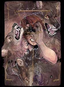 Illustration of person shifting into a werewolf surrounded by four wolves.