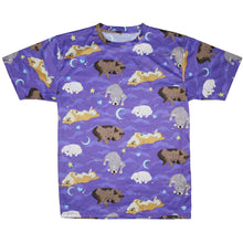 Load image into Gallery viewer, Purple t-shirt with cloud, crescent mmon, heart, and star motifs surrounding 4 different sleeping dog breeds. White background.