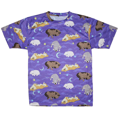 Purple t-shirt with cloud, crescent mmon, heart, and star motifs surrounding 4 different sleeping dog breeds. White background.