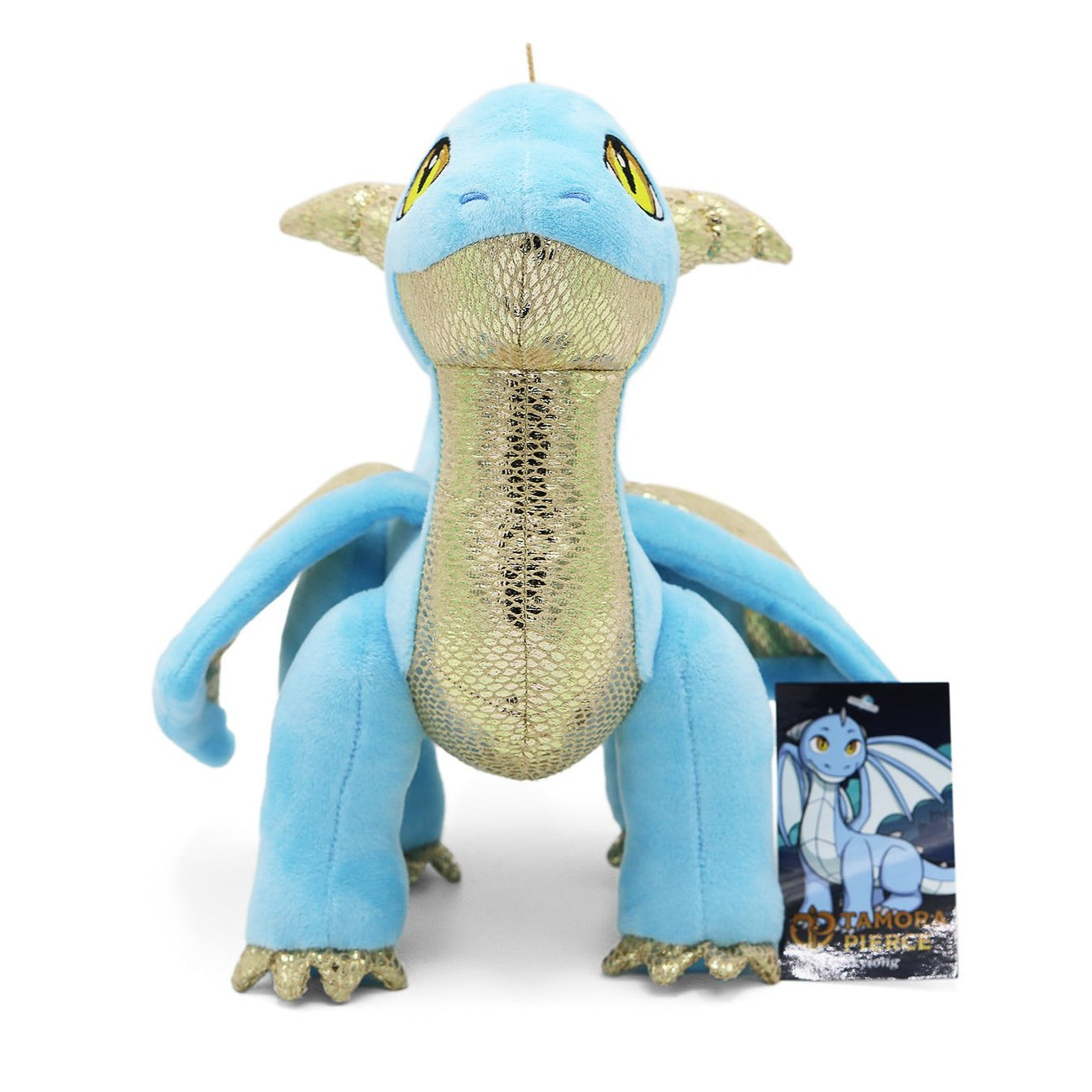 Front view of light blue and metallic gold detailed Skysong dragon plush stands, looking upward, on white background.
