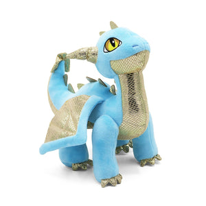 Side view of light blue and metallic gold detailed Skysong dragon plush stands, looking upward, on white background.