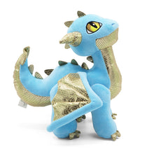 Load image into Gallery viewer, Side view of light blue and metallic gold detailed Skysong dragon plush stands, looking upward, on white background.