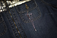 Load image into Gallery viewer, Daine Linked Collar Lapel Pins nested together with the arrow interlocked with the bow on denim jacket.
