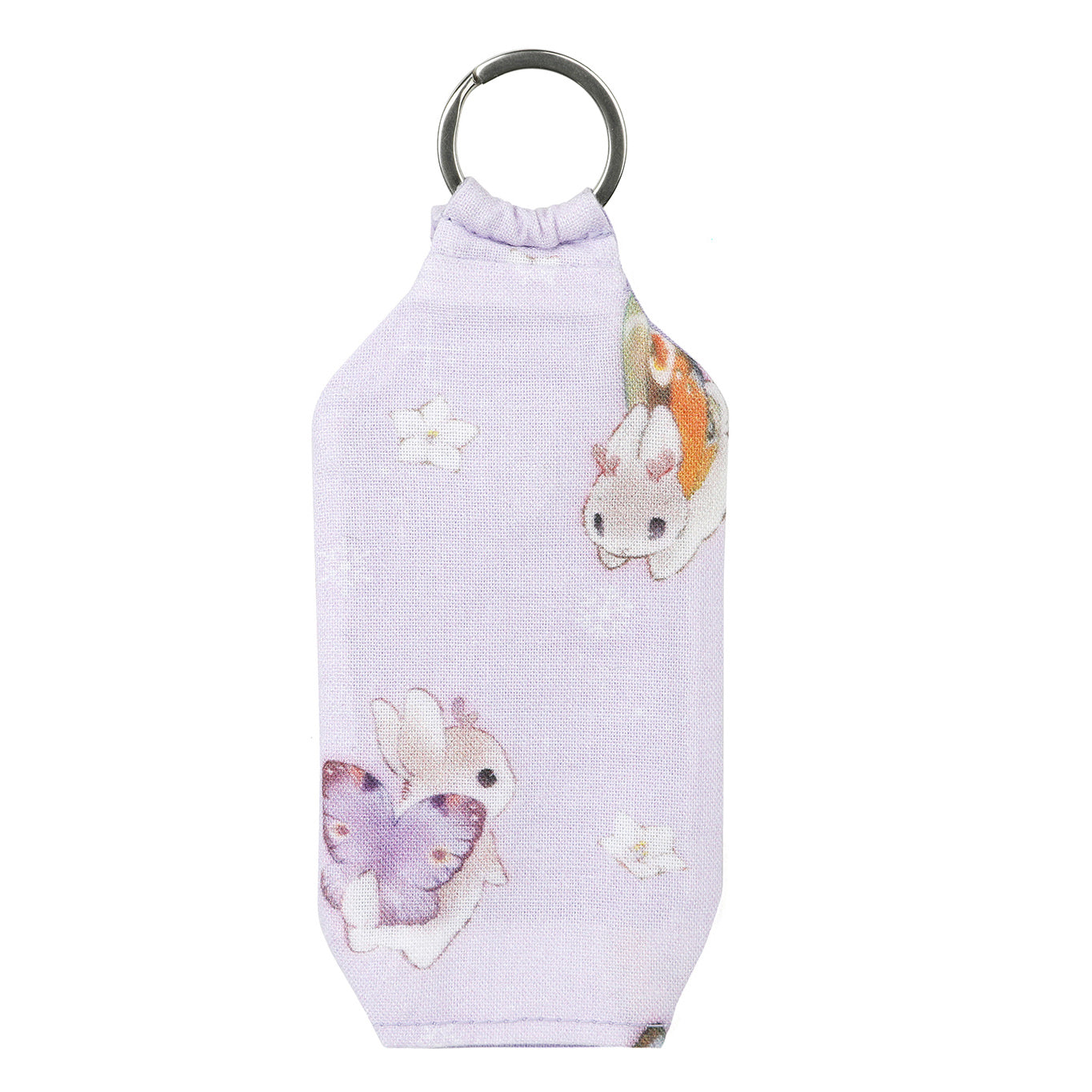 Back view of Closed purple bunnerfly hand sanitizer holder on white background.
