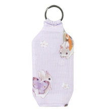 Load image into Gallery viewer, Back view of Closed purple bunnerfly hand sanitizer holder on white background.