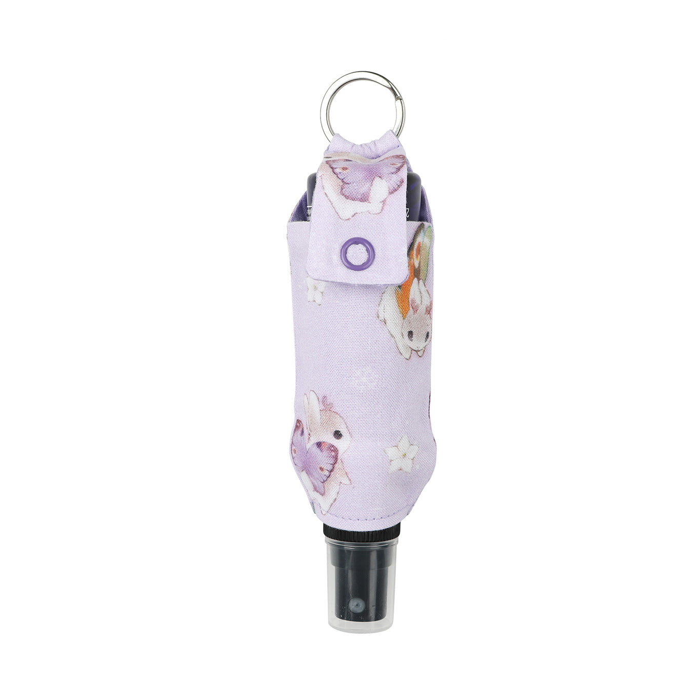 Purple bunnerfly hand sanitizer holder with plastic hand sanitizer spray bottle inside on white background.