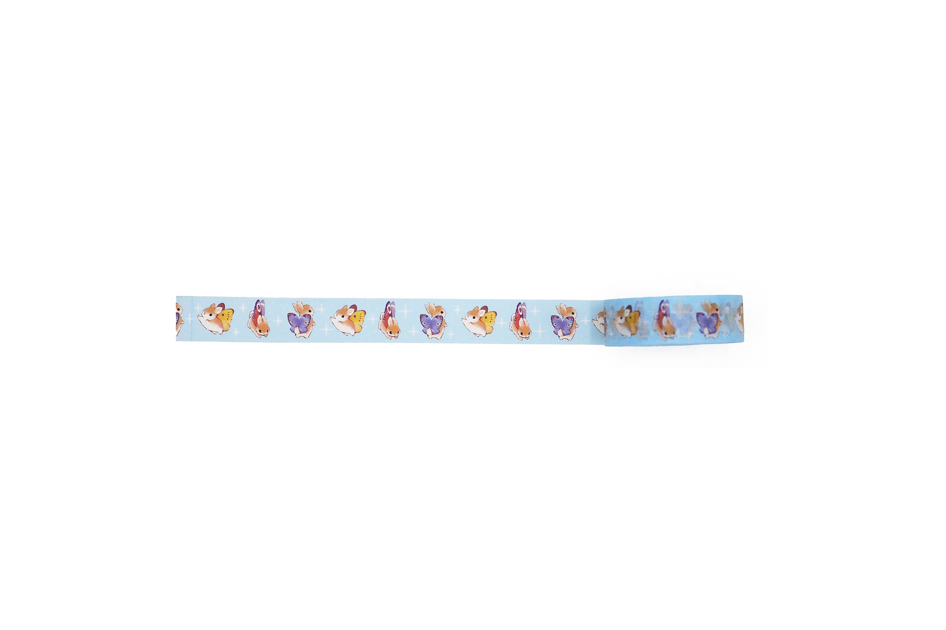 Top view of Sky blue washi tape unrolled on white background.