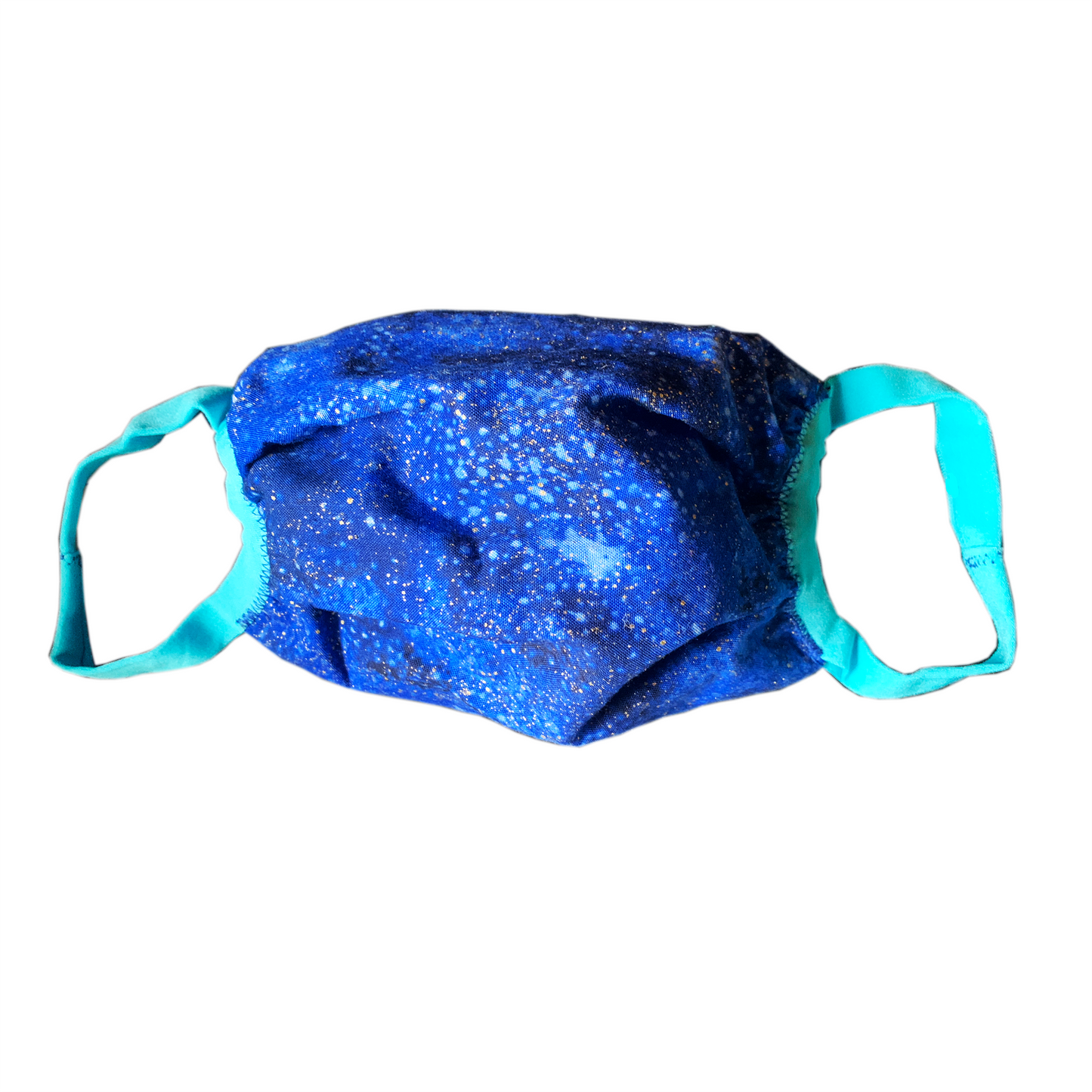 Dark blue galaxy face mask with turquoise ear loops on white background.