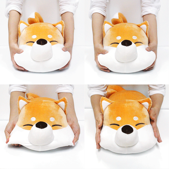 Gif image demonstrating four different ways the Shiba cushion's face can be squished.