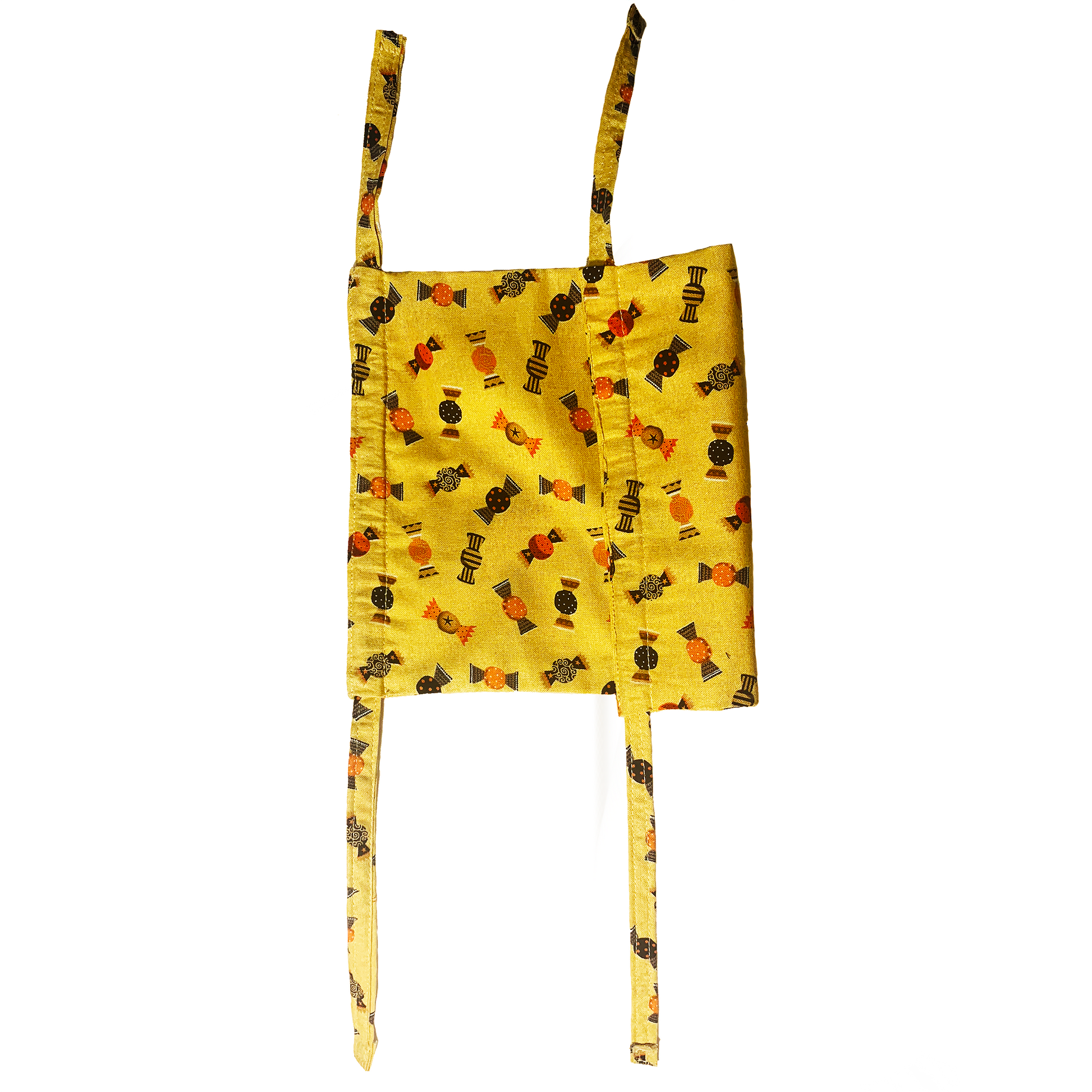 Yellow halloween candies pattern mask on white background.