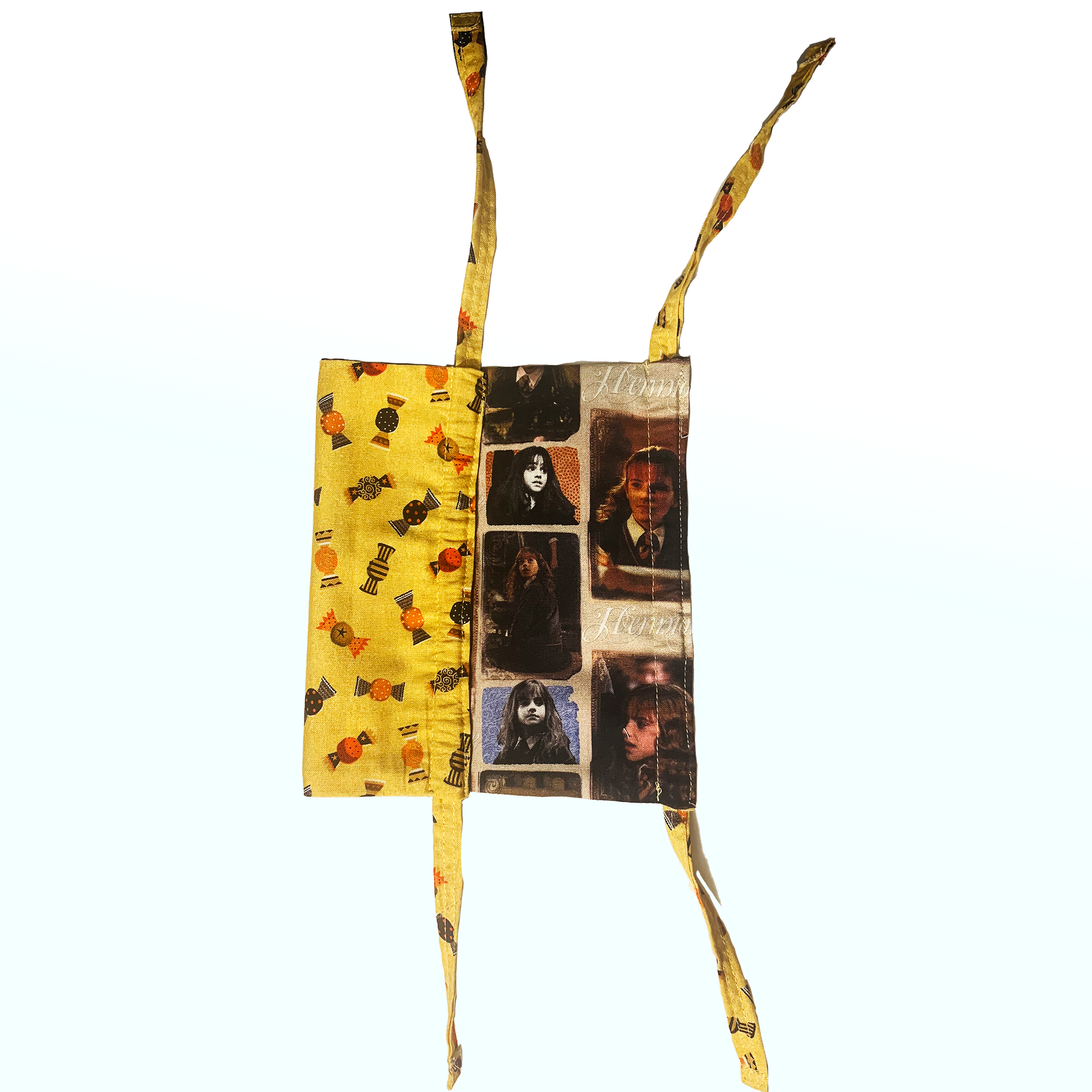 Yellow halloween candies pattern mask and Hermione Granger pattern mask together on white background.