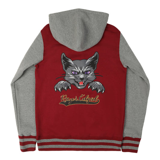 Back of red and grey varsity hoodie with stylized hissing grey cat head with purple eyes, and paws with claws out. Sweatshirt back text reads: "Razor Edged."