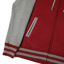 Load image into Gallery viewer, Lower pocket and zipper closeup of Faithful varsity zip up hoodie.