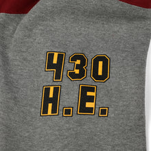 Load image into Gallery viewer, Grey arm detail of Faithful varsity zip up hoodie. Decal reads: &quot;430 H.E..&quot;