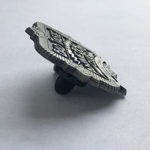 Load image into Gallery viewer, Side view of bad taste antique silver pin on white background.