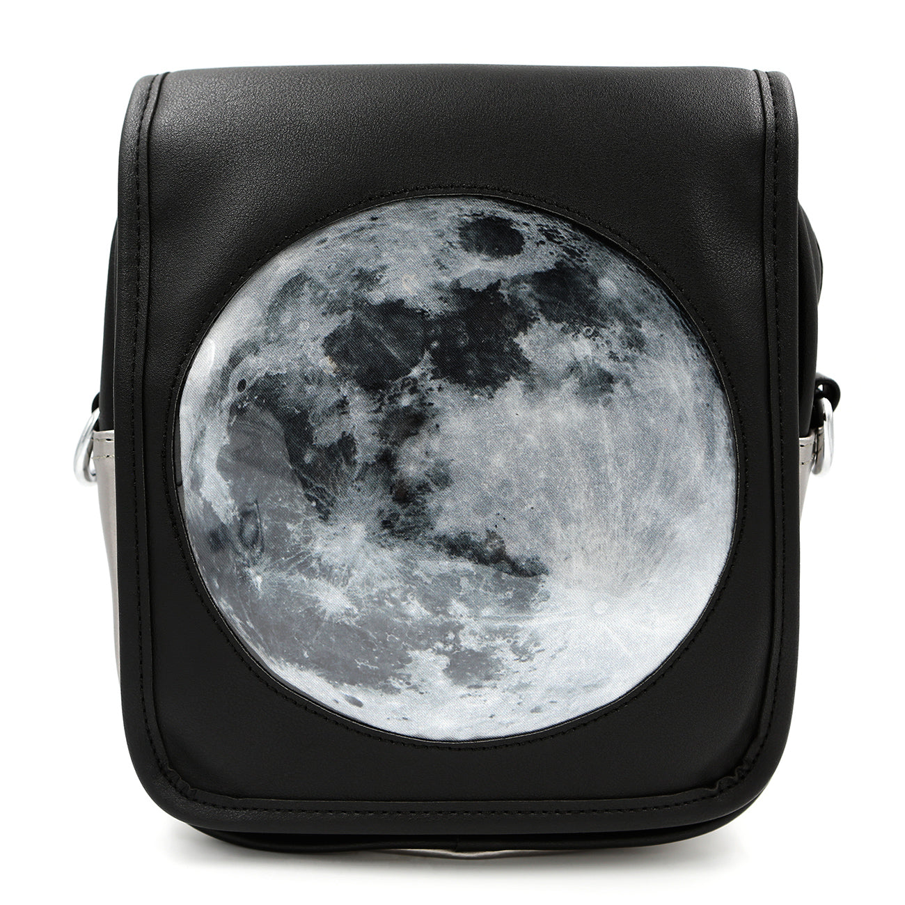 Front view of black Moon Ita back with round Moon insert on white background.