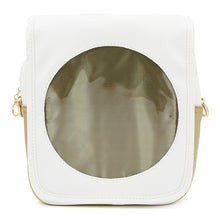 Load image into Gallery viewer, White Sun Ita Bag with gold accents and window insert in its round front window.