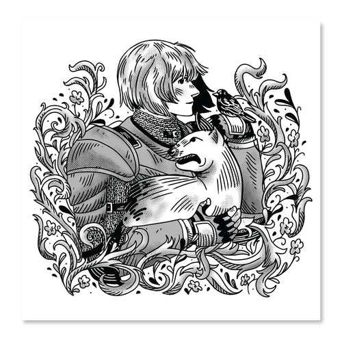 Black and white artwork of Keladry in full armor holding her dog, Jump, surrounded by florals..