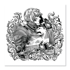 Black and white artwork of Keladry in full armor holding her dog, Jump, surrounded by florals..