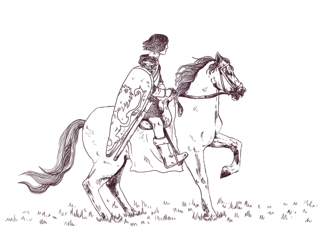 Ink illustration of Alanna on her horse Moonlight riding across a landscape in full armor.