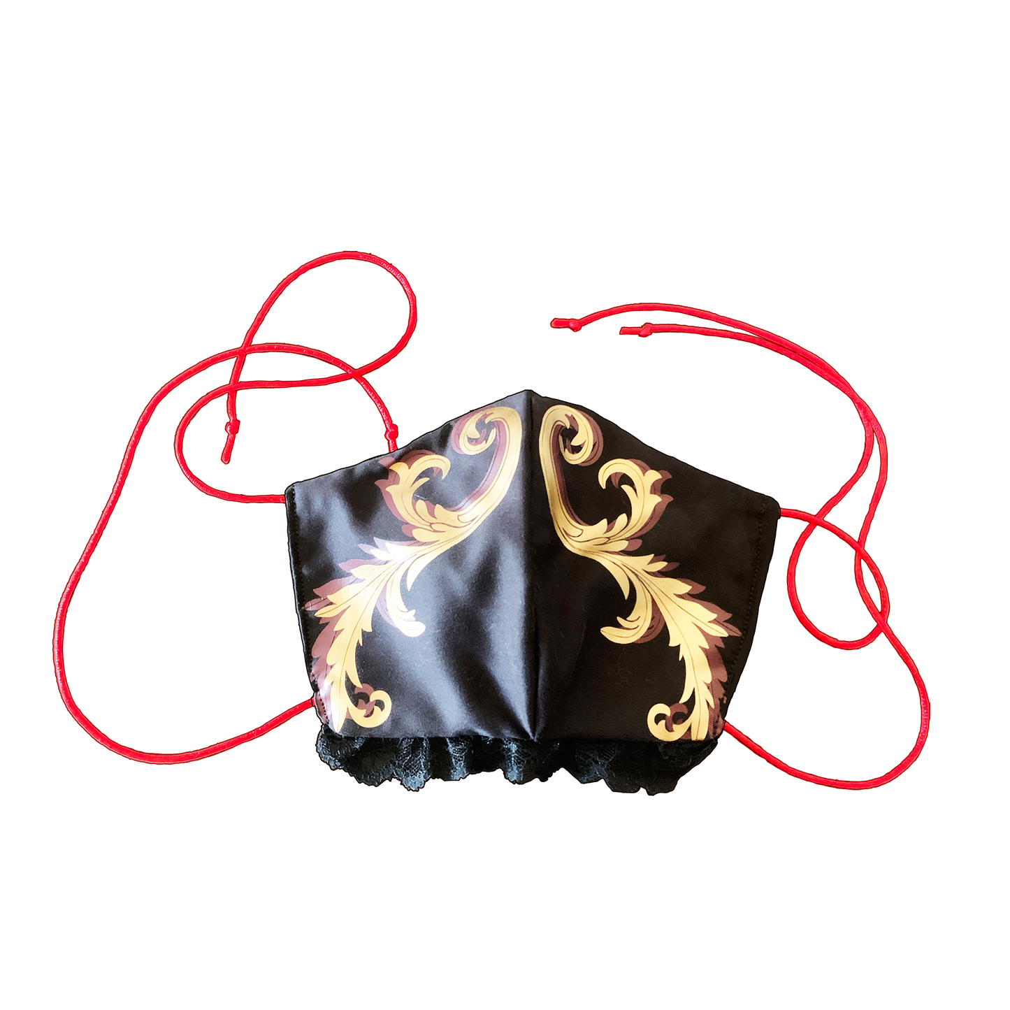 Black lace pattern mask on white background.