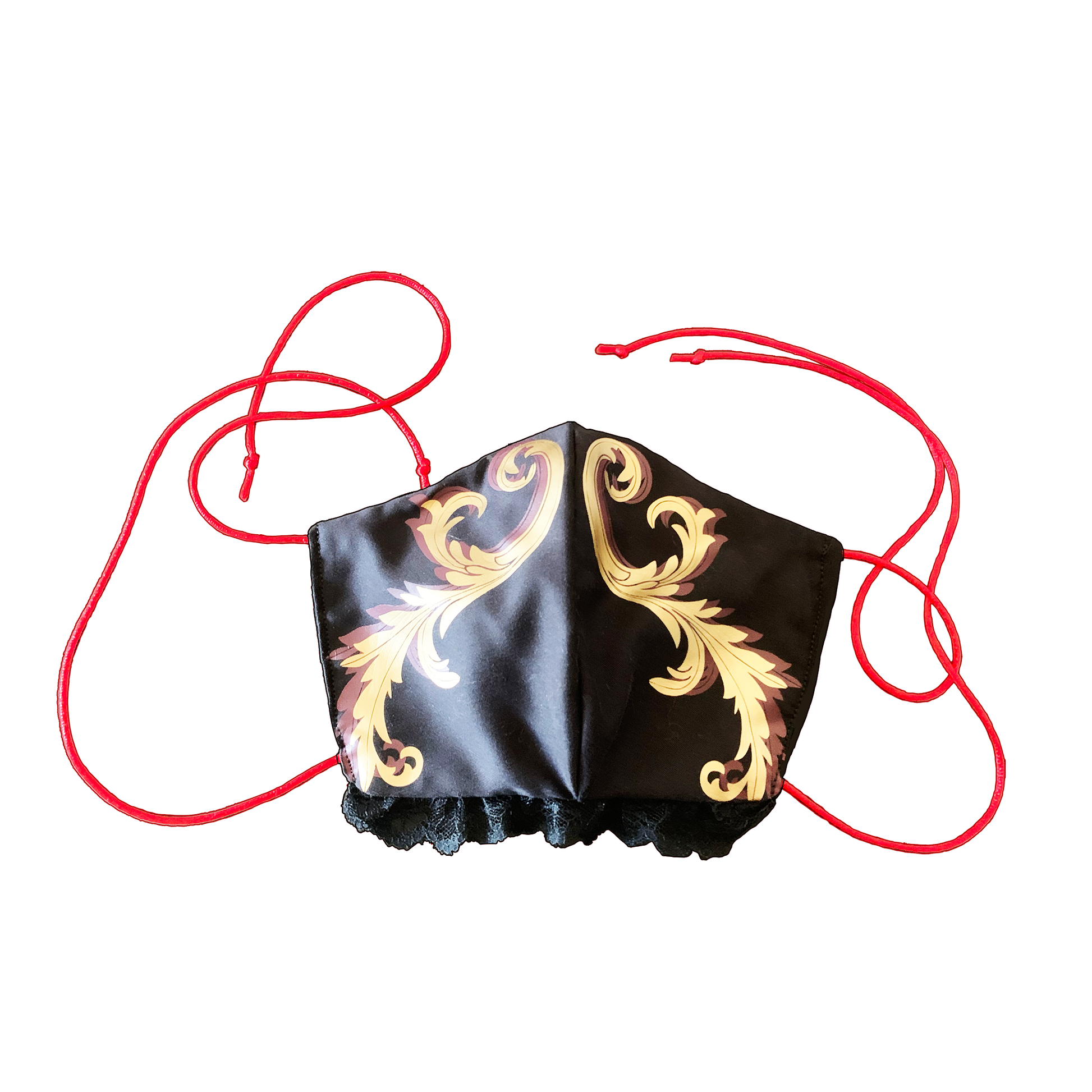 Black lace pattern mask on white background.