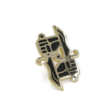 Load image into Gallery viewer, Gold and black enamel pin of the Dual Wield Studio logo: two hands hold two opposing daggers.