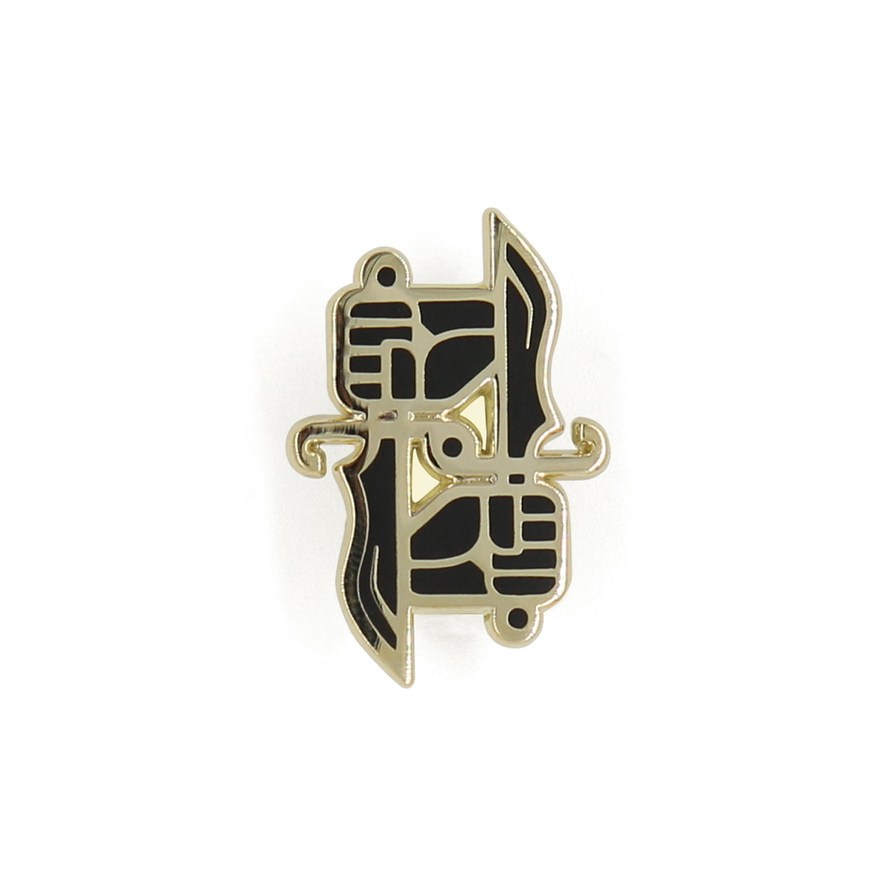 Gold and black enamel pin of the Dual Wield Studio logo: two hands hold two opposing daggers.