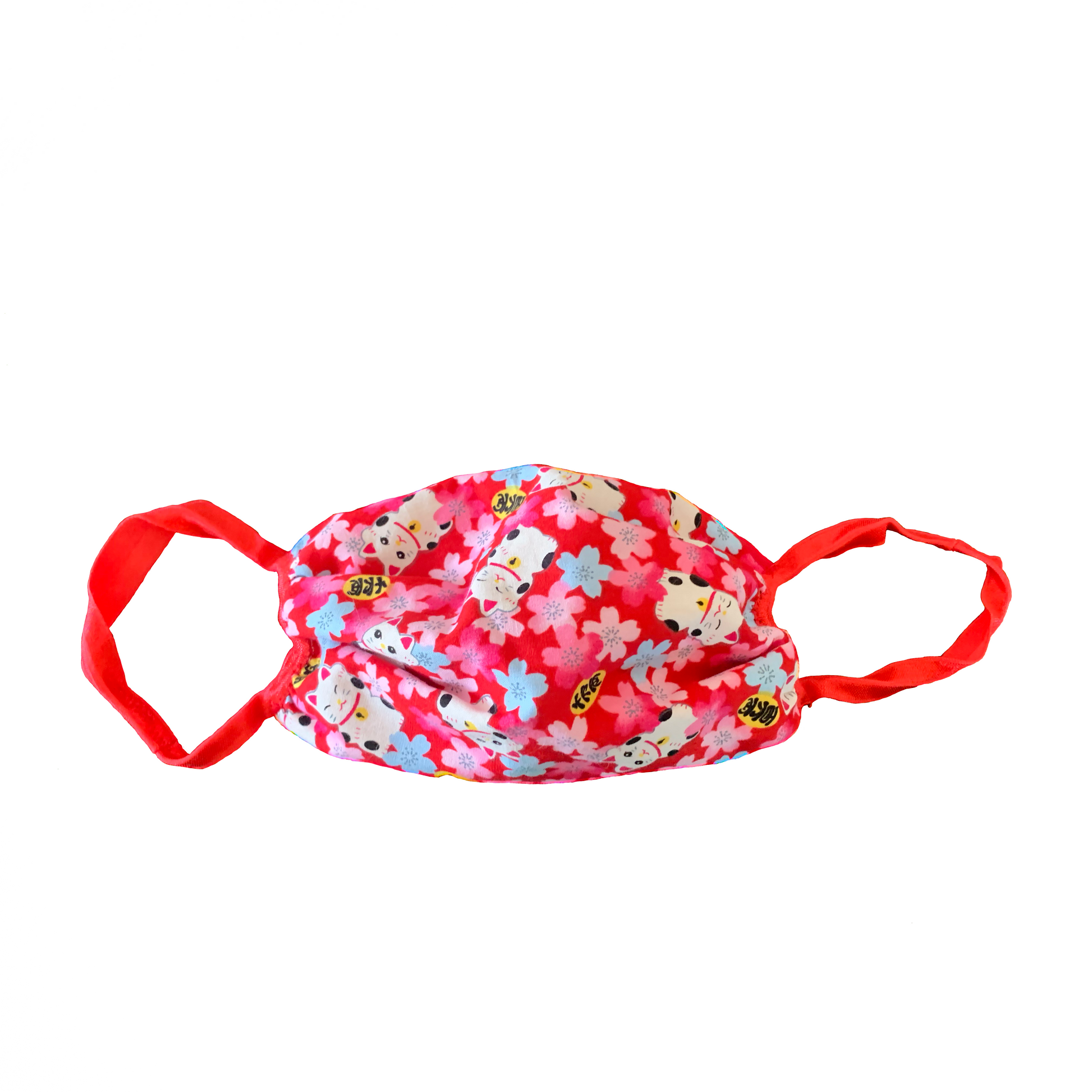 Pink lucky cat pattern mask on white background.