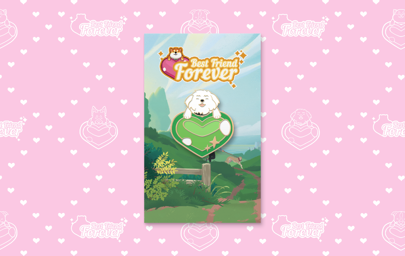 Green heart-shaped enamel pin with maltese peeking over it. Backing card has Best Friends Forever logo and country pathway beside a lake. On pink background with white hearts pattern.