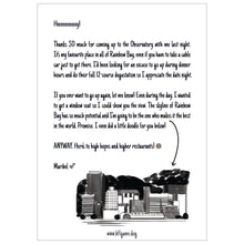 Load image into Gallery viewer, Mockup of a letter signed &quot;Maribel&quot; with two hearts and a detailed drawing of a cityscape in black and white. White background.