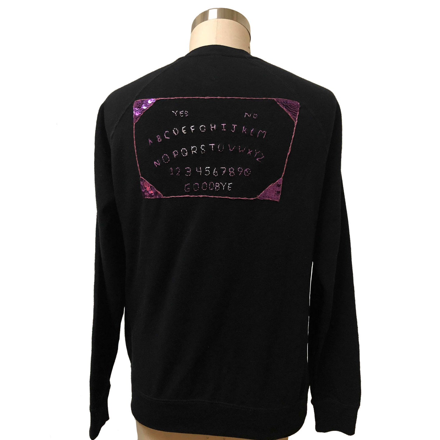 Back of Ouija sweater on dress form.