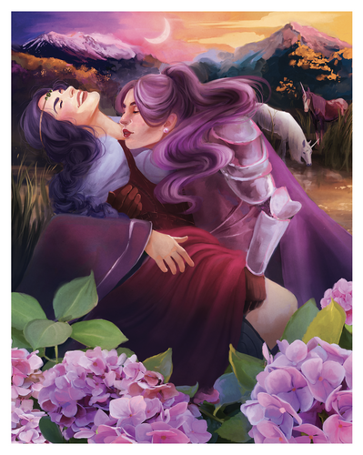 Velvet Knight print of two women in love with hydrangeas and unicorns in background.