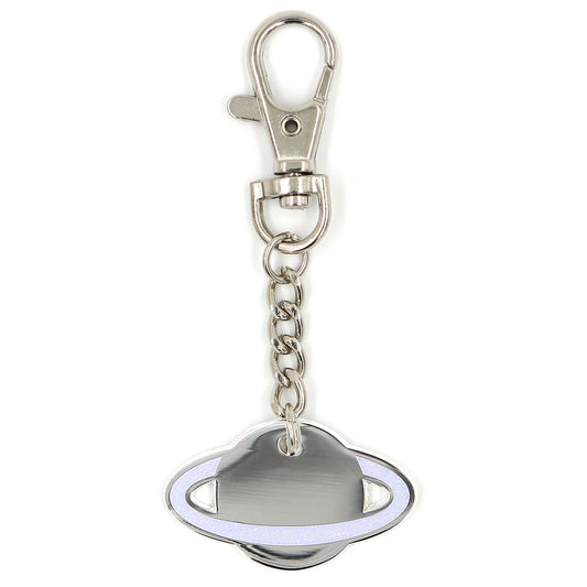 Silver glitter planet keychain charm with lobster clasp on white background.