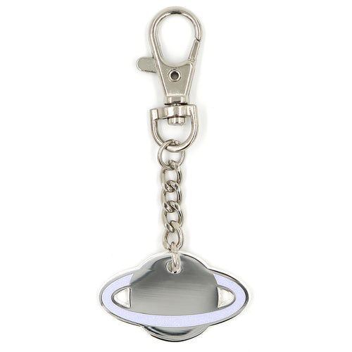 Silver glitter planet keychain charm with lobster clasp on white background.